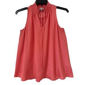 Chenault Coral Peachy Medium Halter Blouse With Smocked Tie V-neck Collar